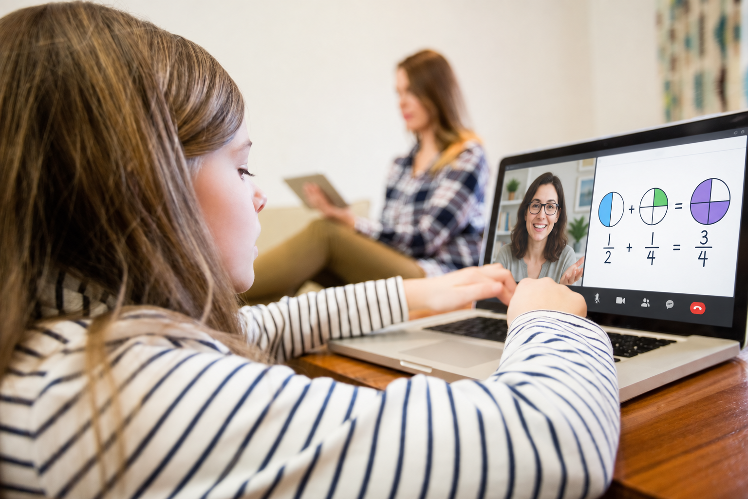 Girl learning at home with an illustrated online teacher explaining fractions on her laptop